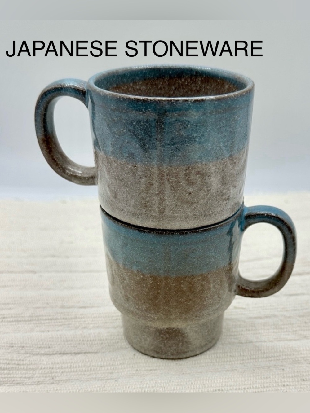 2 Japanese Stoneware Blue & Brown Glazed Mugs. Vintage 60s
